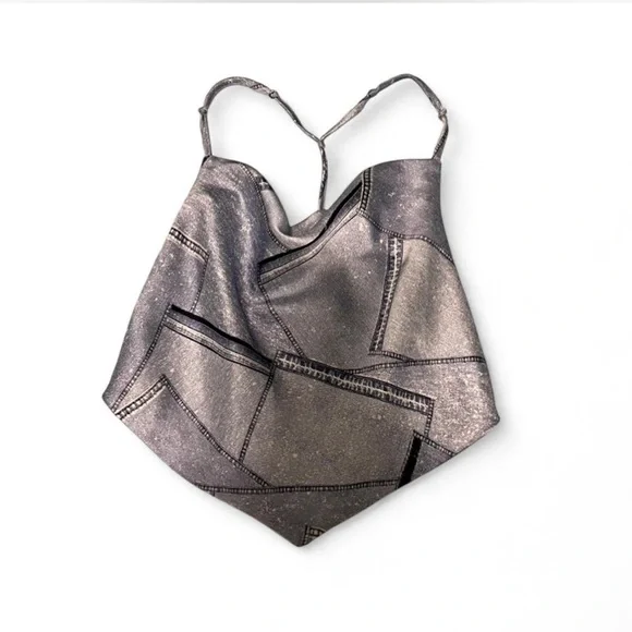 4th + Reckless Denim Print Cowl Neck Silk Top - Size S - Picture 4 of 6